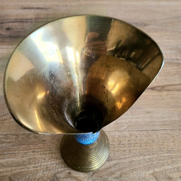 Vintage solid brass and blue enamel one of a kind design vase with opening. - Picture 6 of 9
